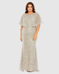 Plus Size Dresses | Women Mac Duggal High Neck Embellished Column Dress With Cape Plus Size Gown Platinum