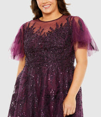 Plus Size Dresses | Women Mac Duggal High Neck Flutter Sleeve A Line Embellished Dress Plum