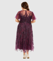 Plus Size Dresses | Women Mac Duggal High Neck Flutter Sleeve A Line Embellished Dress Plum
