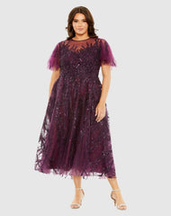 Plus Size Dresses | Women Mac Duggal High Neck Flutter Sleeve A Line Embellished Dress Plum