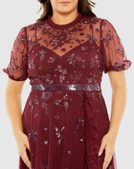 Plus Size Dresses | Women Mac Duggal High Neck Puff Short Sleeve Embellished Faux Wrap Gown Bordeaux