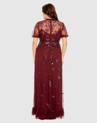 Plus Size Dresses | Women Mac Duggal High Neck Puff Short Sleeve Embellished Faux Wrap Gown Bordeaux