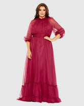 Plus Size Dresses | Women Mac Duggal High Neck Puff Sleeve Tiered A Line Dress Crimson