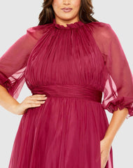 Plus Size Dresses | Women Mac Duggal High Neck Puff Sleeve Tiered A Line Dress Crimson