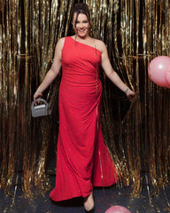 Plus Size Dresses | Women Mac Duggal Jewel Encrusted Draped One Shoulder Gown (Plus) Cherry