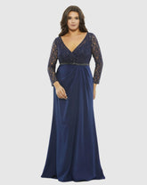 Plus Size Dresses | Women Mac Duggal Lace Illusion Long Sleeve V-Neck Draped Gown (Plus) Midnight