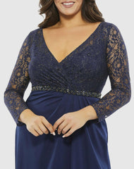 Plus Size Dresses | Women Mac Duggal Lace Illusion Long Sleeve V-Neck Draped Gown (Plus) Midnight
