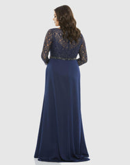Plus Size Dresses | Women Mac Duggal Lace Illusion Long Sleeve V-Neck Draped Gown (Plus) Midnight