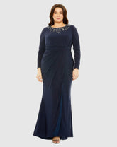 Plus Size Dresses | Women Mac Duggal Long Sleeve Embellished Neckline Jersey Gown Midnight