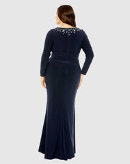 Plus Size Dresses | Women Mac Duggal Long Sleeve Embellished Neckline Jersey Gown Midnight