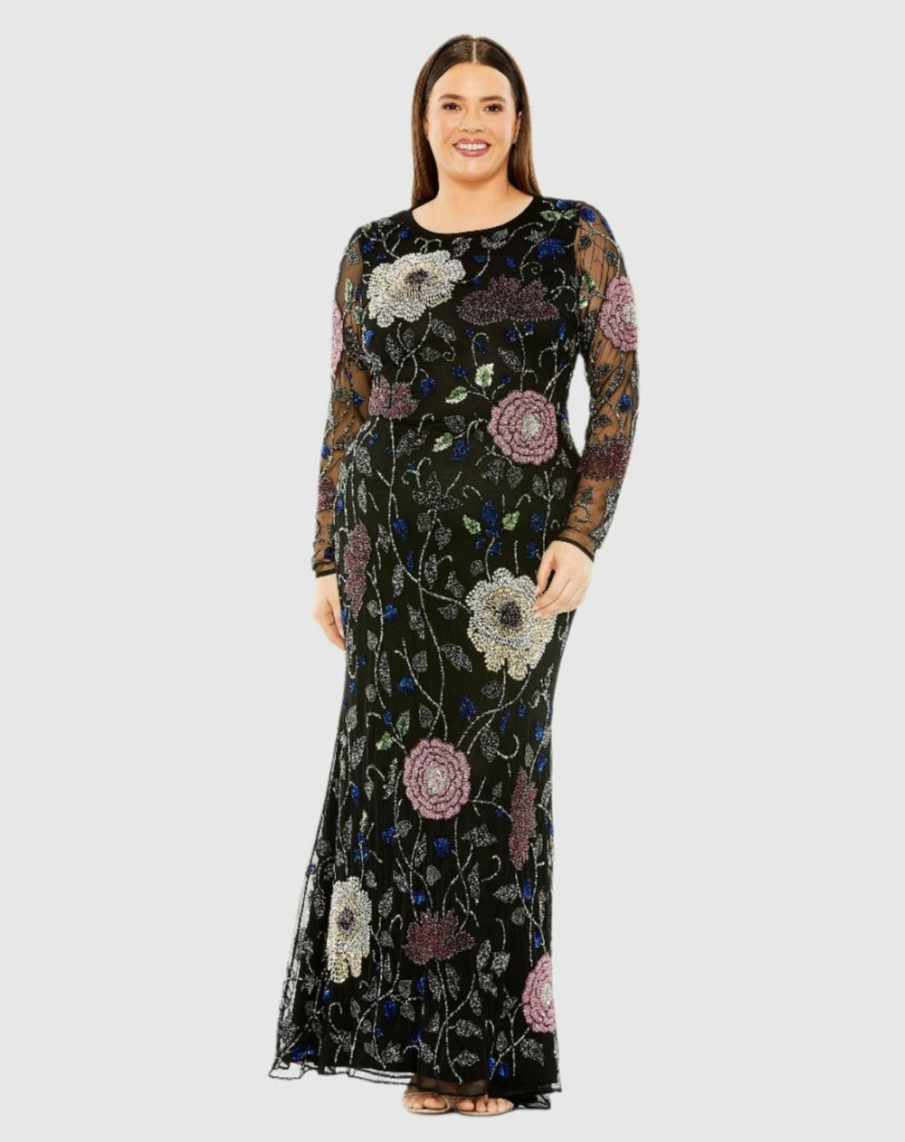 Plus Size Dresses | Women Mac Duggal Long Sleeve High Neck Floral Embroidered Dress Black Multi