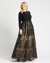 Plus Size Dresses | Women Mac Duggal Long Sleeve High Neck Lace A Line Gown - FINAL SALE Black Nude