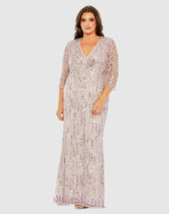 Plus Size Dresses | Women Mac Duggal Mid Length Mesh Sleeve V Neck Embellished Dress Lilac