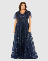 Plus Size Dresses | Women Mac Duggal Navy High Neck Flutter Sleeve Embellished A-Line Gown Midnight