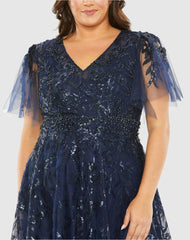 Plus Size Dresses | Women Mac Duggal Navy High Neck Flutter Sleeve Embellished A-Line Gown Midnight