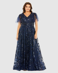 Plus Size Dresses | Women Mac Duggal Navy High Neck Flutter Sleeve Embellished A-Line Gown Midnight