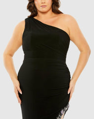 Plus Size Dresses | Women Mac Duggal One Shoulder Asymmetrical Embellished Hem Dress Black Multi