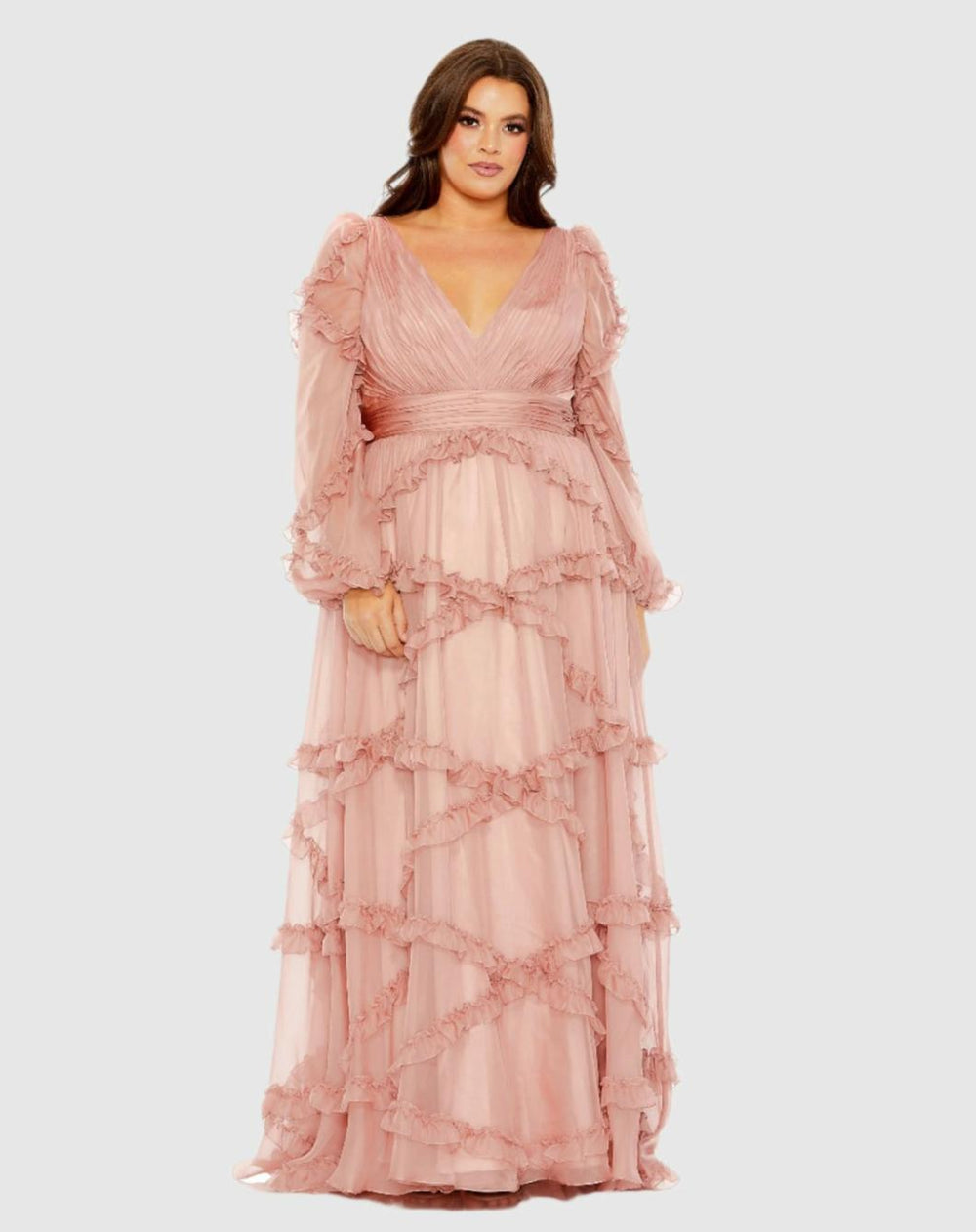 Plus Size Dresses | Women Mac Duggal Pink V Neck Ruffle Tiered Puff Sleeve Gown Dusty Rose