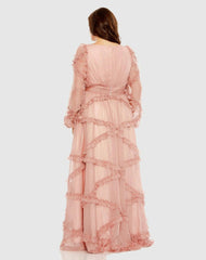 Plus Size Dresses | Women Mac Duggal Pink V Neck Ruffle Tiered Puff Sleeve Gown Dusty Rose