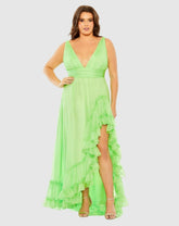 Plus Size Dresses | Women Mac Duggal Plunge Neck Sleeveless Ruffle Tiered Front Slit Gown - FINAL SALE Mojito