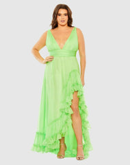 Plus Size Dresses | Women Mac Duggal Plunge Neck Sleeveless Ruffle Tiered Front Slit Gown - FINAL SALE Mojito