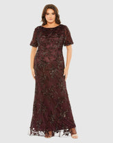 Plus Size Dresses | Women Mac Duggal Puff Short Sleeve Embellished Dress Mahogany