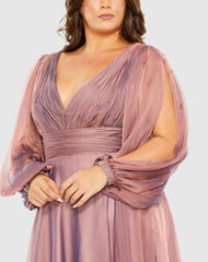 Plus Size Dresses | Women Mac Duggal Puff Sleeve W/ Embellished Cuff V Neck A Line Dress Antique Rose