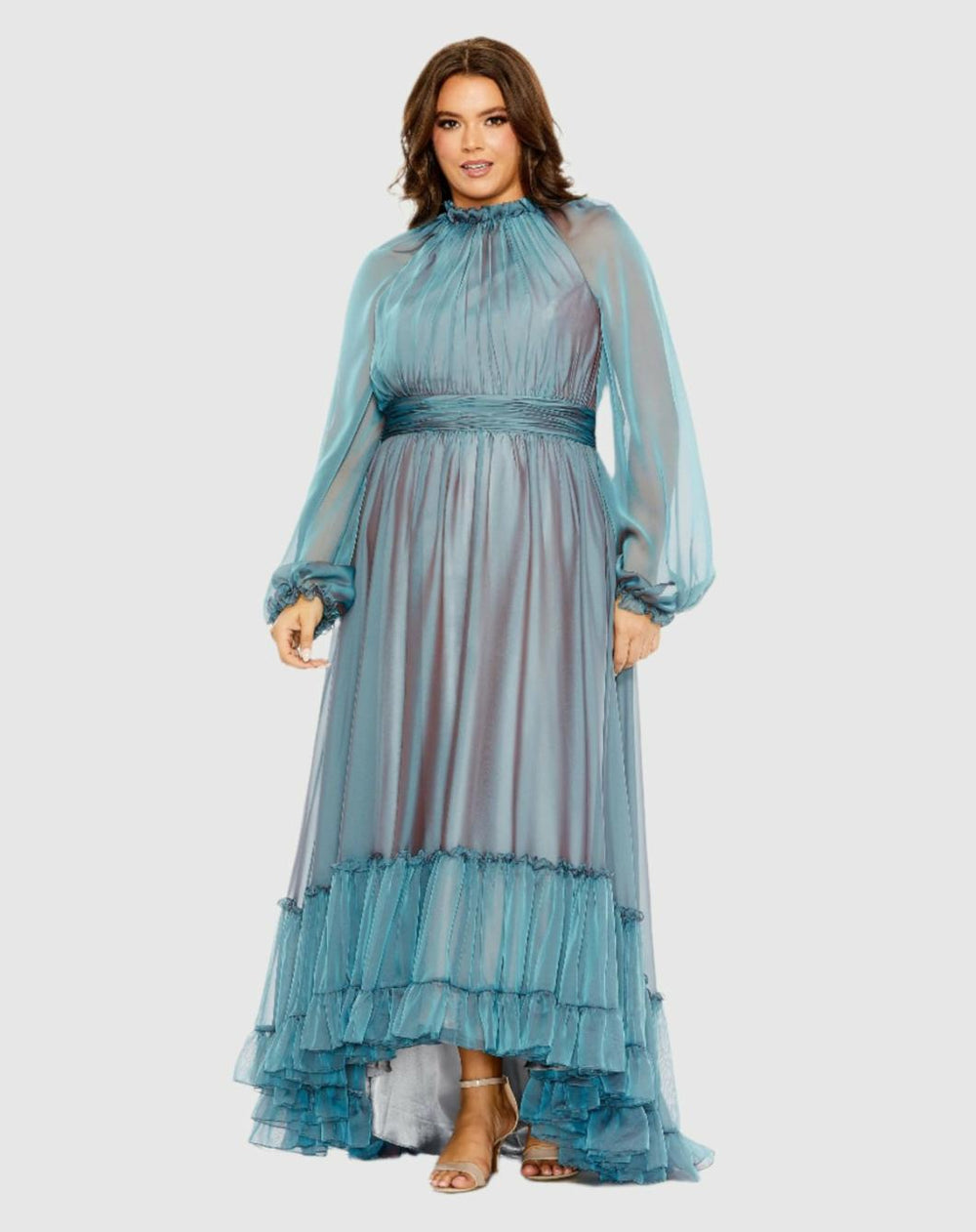 Plus Size Dresses | Women Mac Duggal Puff Sleeve W/ Embellished Cuff V Neck A Line Dress (Plus) French Blue