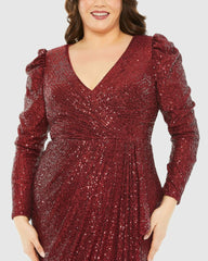 Plus Size Dresses | Women Mac Duggal Red Princess Long Sleeve V Neck Sequin Dress Wine
