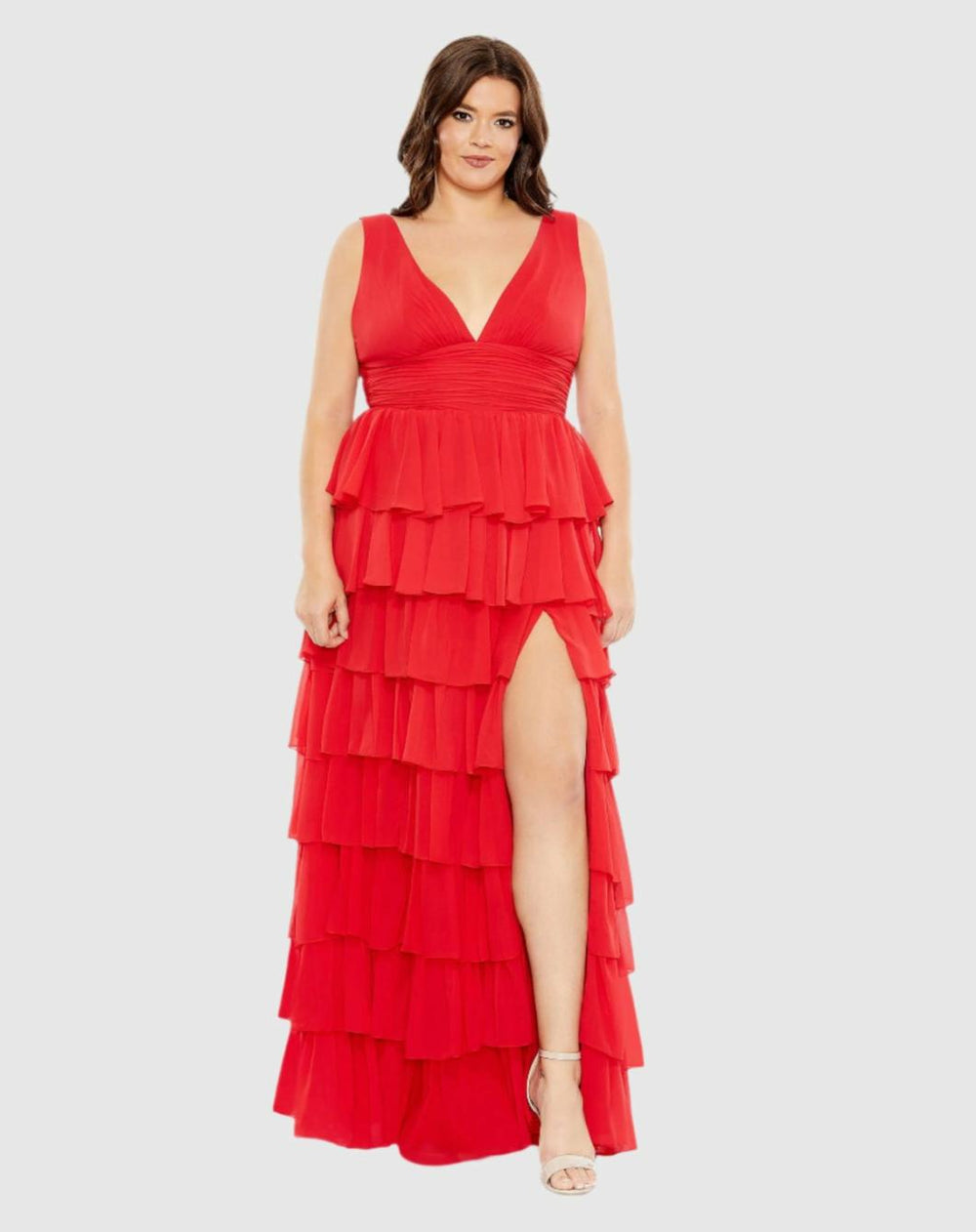 Plus Size Dresses | Women Mac Duggal Red Ruffle Tiered Sleeveless V Neck Gown (Plus) Red