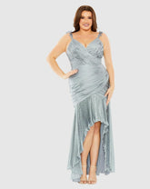 Plus Size Dresses | Women Mac Duggal Ruched Ruffle Sleeve High Low Dress Grey