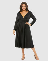 Plus Size Dresses | Women Mac Duggal Satin Long Sleeve Sweetheart Flowy Midi Dress (Plus) Black