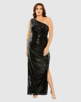 Plus Size Dresses | Women Mac Duggal Sequin One Shoulder Side Cutout Gown Black