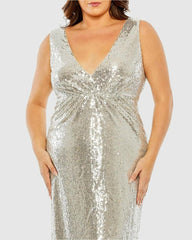 Plus Size Dresses | Women Mac Duggal Sequin V-neck Back Cutout Gown Nude Silver