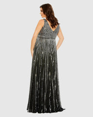 Plus Size Dresses | Women Mac Duggal Sequined Striped Sleeveless V Neck A Line Gown (Plus) Apricot