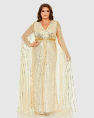 Plus Size Dresses | Women Mac Duggal Sequined V-Neck Dress With Cape Sleeves Nude