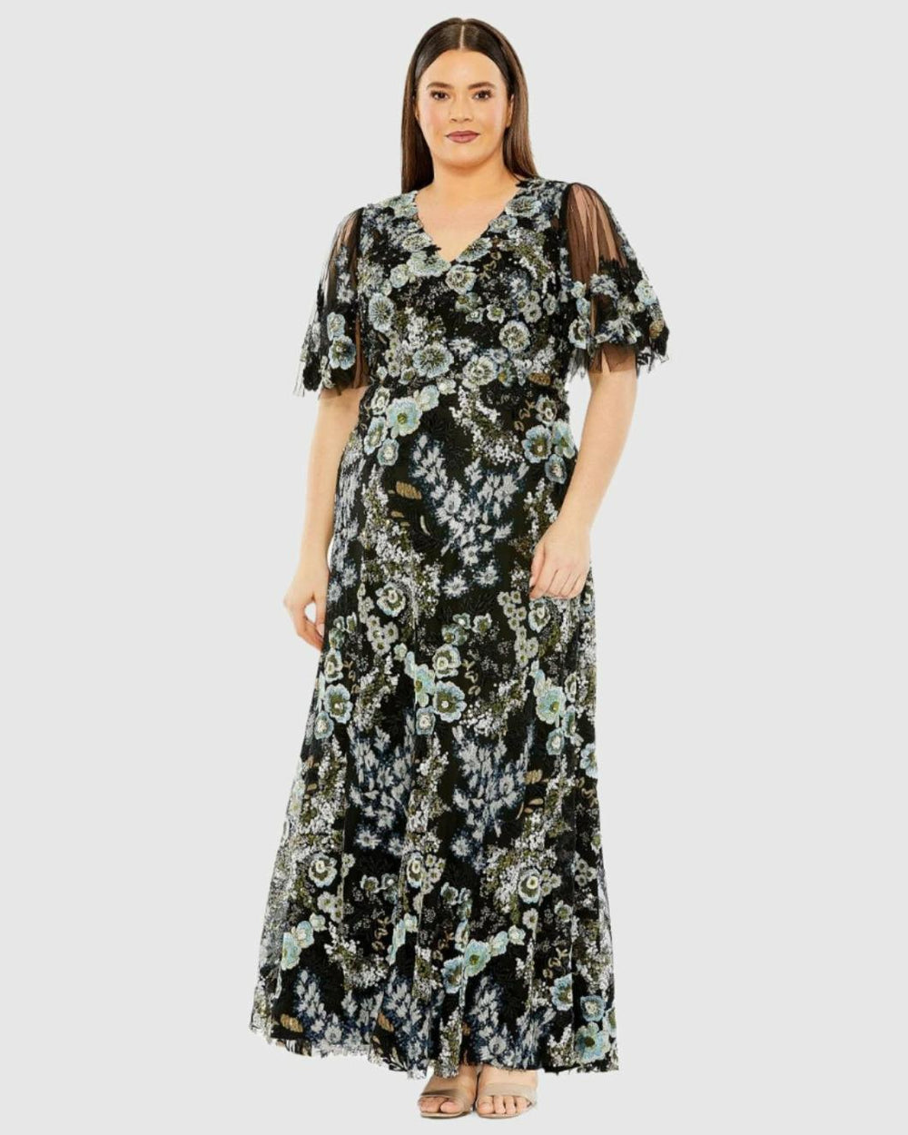 Plus Size Dresses | Women Mac Duggal Sheer Sleeve V Neck Floral Embroidered Dress Black Multi
