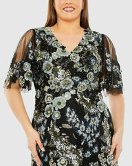 Plus Size Dresses | Women Mac Duggal Sheer Sleeve V Neck Floral Embroidered Dress Black Multi