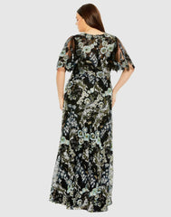 Plus Size Dresses | Women Mac Duggal Sheer Sleeve V Neck Floral Embroidered Dress Black Multi