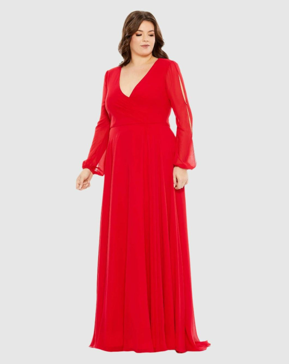 Plus Size Dresses | Women Mac Duggal Split Puff Sleeve Faux Wrap A Line Gown Red