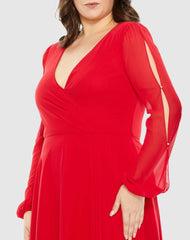 Plus Size Dresses | Women Mac Duggal Split Puff Sleeve Faux Wrap A Line Gown Red