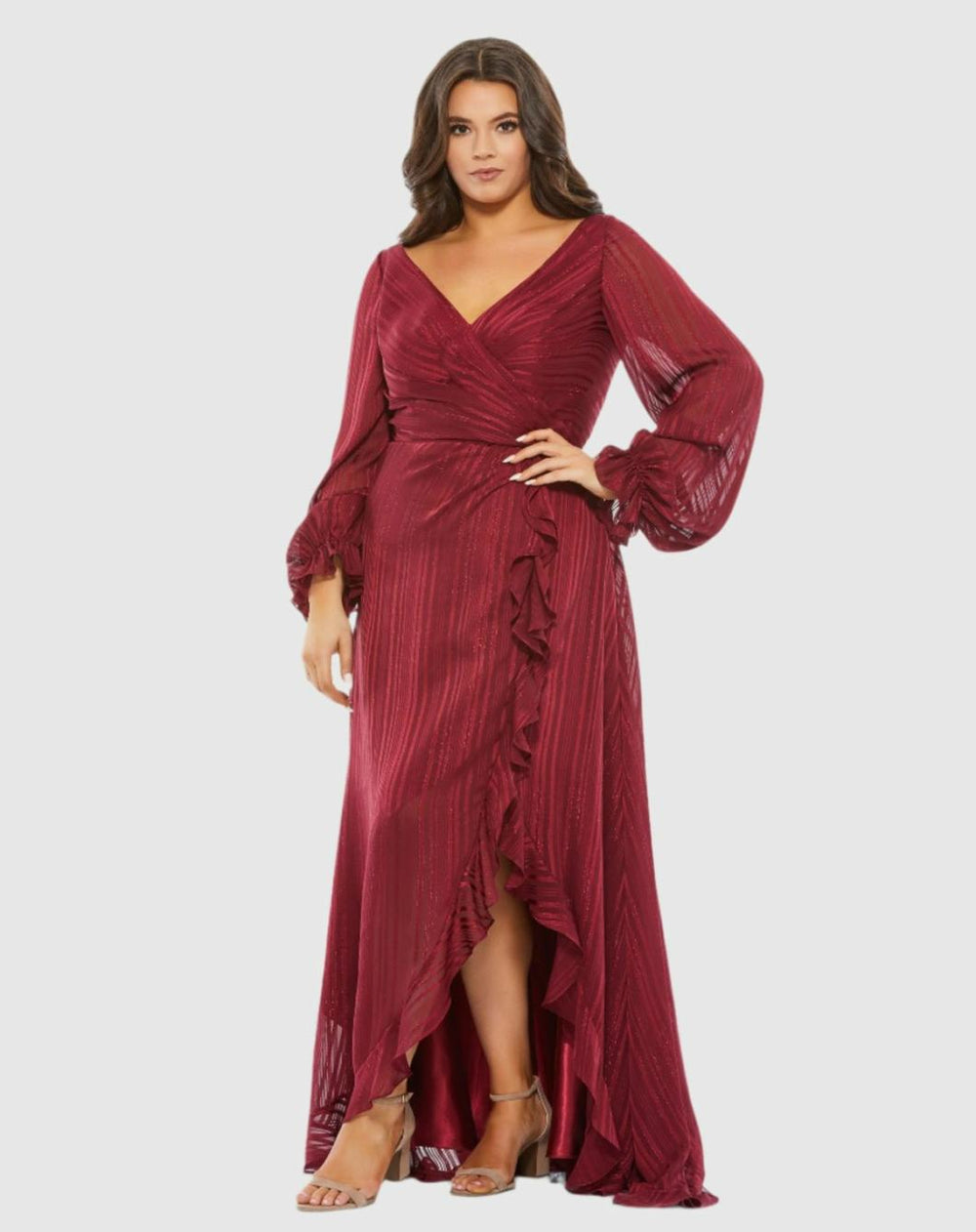 Plus Size Dresses | Women Mac Duggal Striped Faux Wrap Bishop Sleeve Gown Burgundy