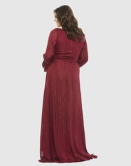 Plus Size Dresses | Women Mac Duggal Striped Faux Wrap Bishop Sleeve Gown Burgundy