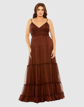 Plus Size Dresses | Women Mac Duggal Tiered V-Neckline Ruched Gown Chocolate