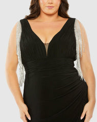 Plus Size Dresses | Women Mac Duggal V-neck Gown With Fringe Detail On Shoulder (Plus) Black