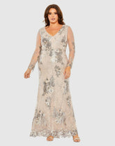 Plus Size Dresses | Women Mac Duggal V Neck Mesh Long Sleeve Embroidered Plus Size Dress Taupe