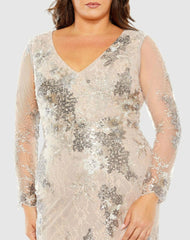 Plus Size Dresses | Women Mac Duggal V Neck Mesh Long Sleeve Embroidered Plus Size Dress Taupe