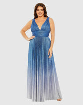 Plus Size Dresses | Women Mac Duggal V-Neck Ombre Pleated Gown Sapphire Ombre