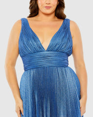 Plus Size Dresses | Women Mac Duggal V-Neck Ombre Pleated Gown Sapphire Ombre