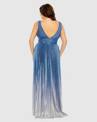 Plus Size Dresses | Women Mac Duggal V-Neck Ombre Pleated Gown Sapphire Ombre